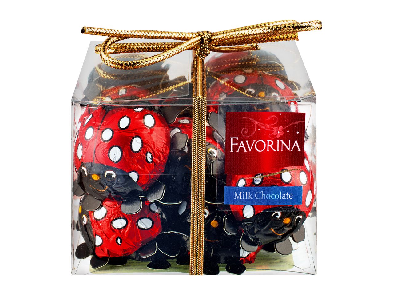 Clear box of ladybug-shaped milk chocolates, tied with a gold ribbon.
