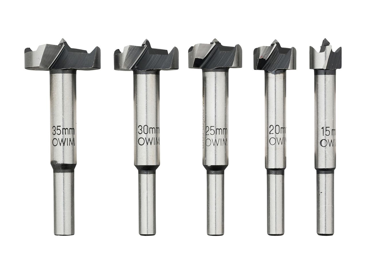 Five OWIM Forstner drill bits in sizes 15mm, 20mm, 25mm, 30mm, and 35mm.