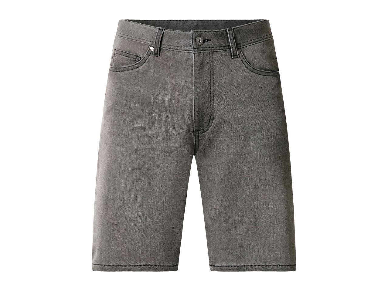 Grey denim shorts with front pockets and button closure.