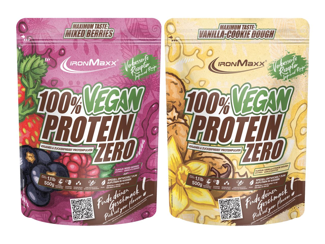 Două pungi de pudră proteică vegană IronMaxx, cu arome de fructe de pădure și aluat de prăjituri cu vanilie.