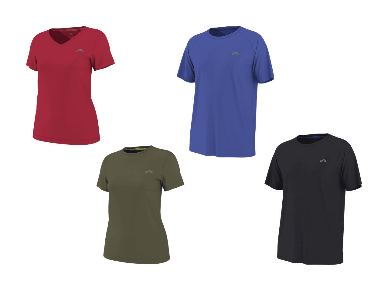 Vier kurzärmlige Sport-T-Shirts in Rot, Blau, Olivgrün und Schwarz.