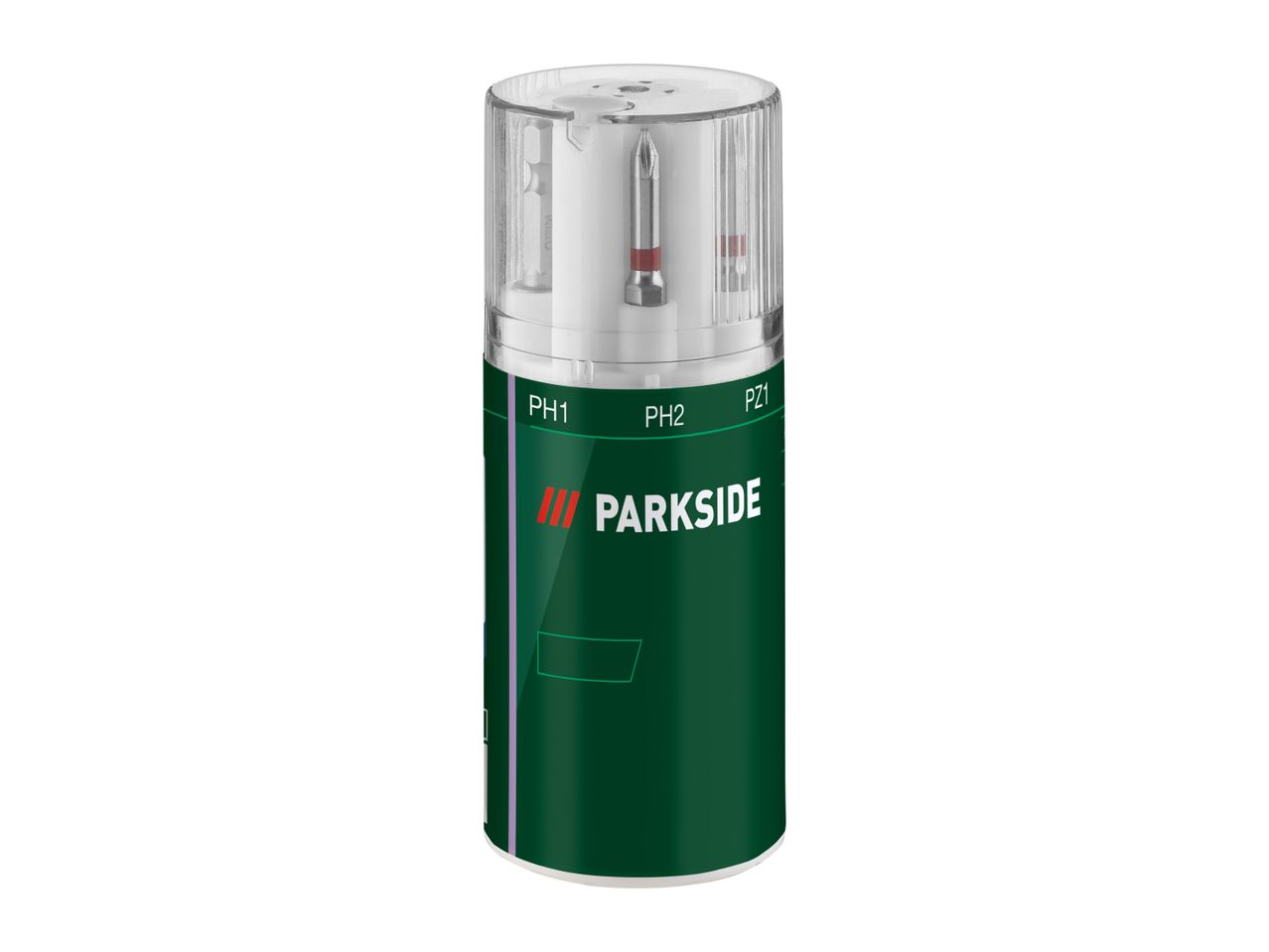 A Parkside screwdriver bit set in a clear and green cylindrical container.