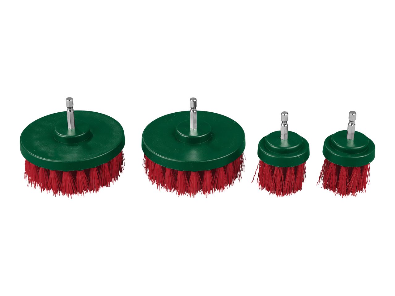Set of four green and red drill brushes of varying sizes for cleaning and scrubbing.