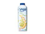 Yoghurt med pære og banan i en hvid flaske med blå skruelåg, 1,4% fedt.