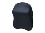 Dark blue ergonomic lumbar support cushion with a breathable mesh cover
