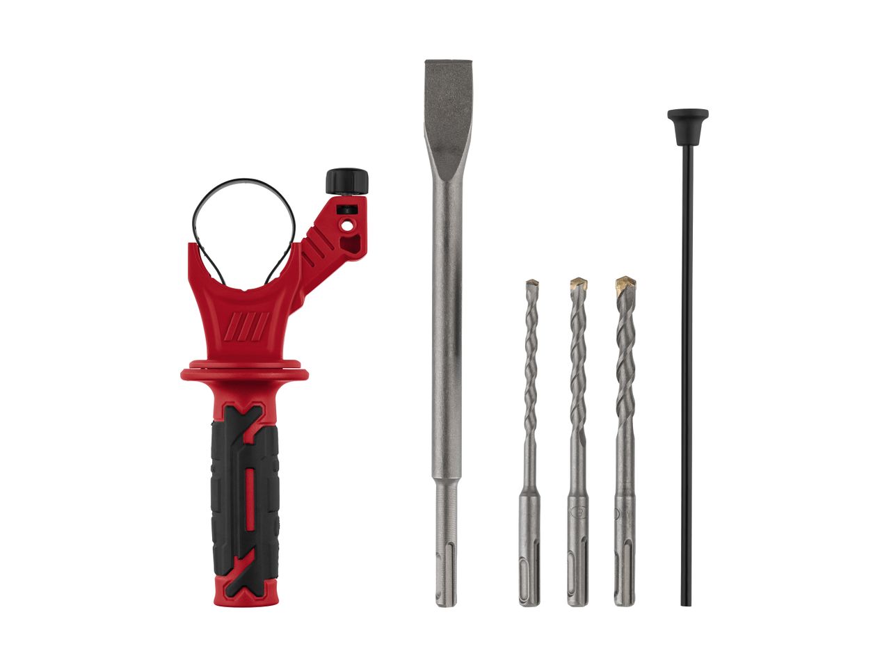 Drill bits, chisel, depth stop, and auxiliary handle for a rotary hammer.