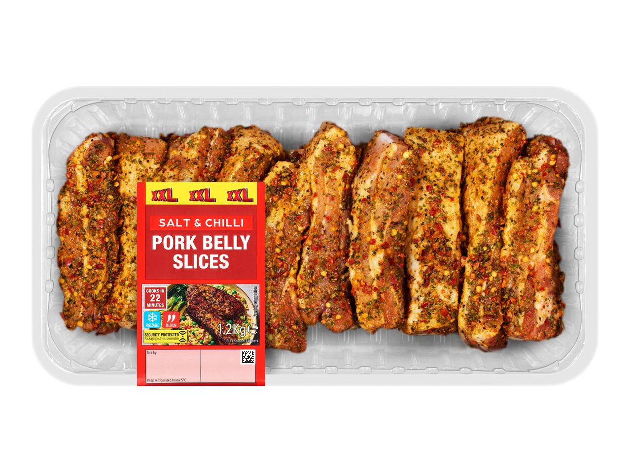 A pack of seasoned salt and chilli pork belly slices, 1.2kg