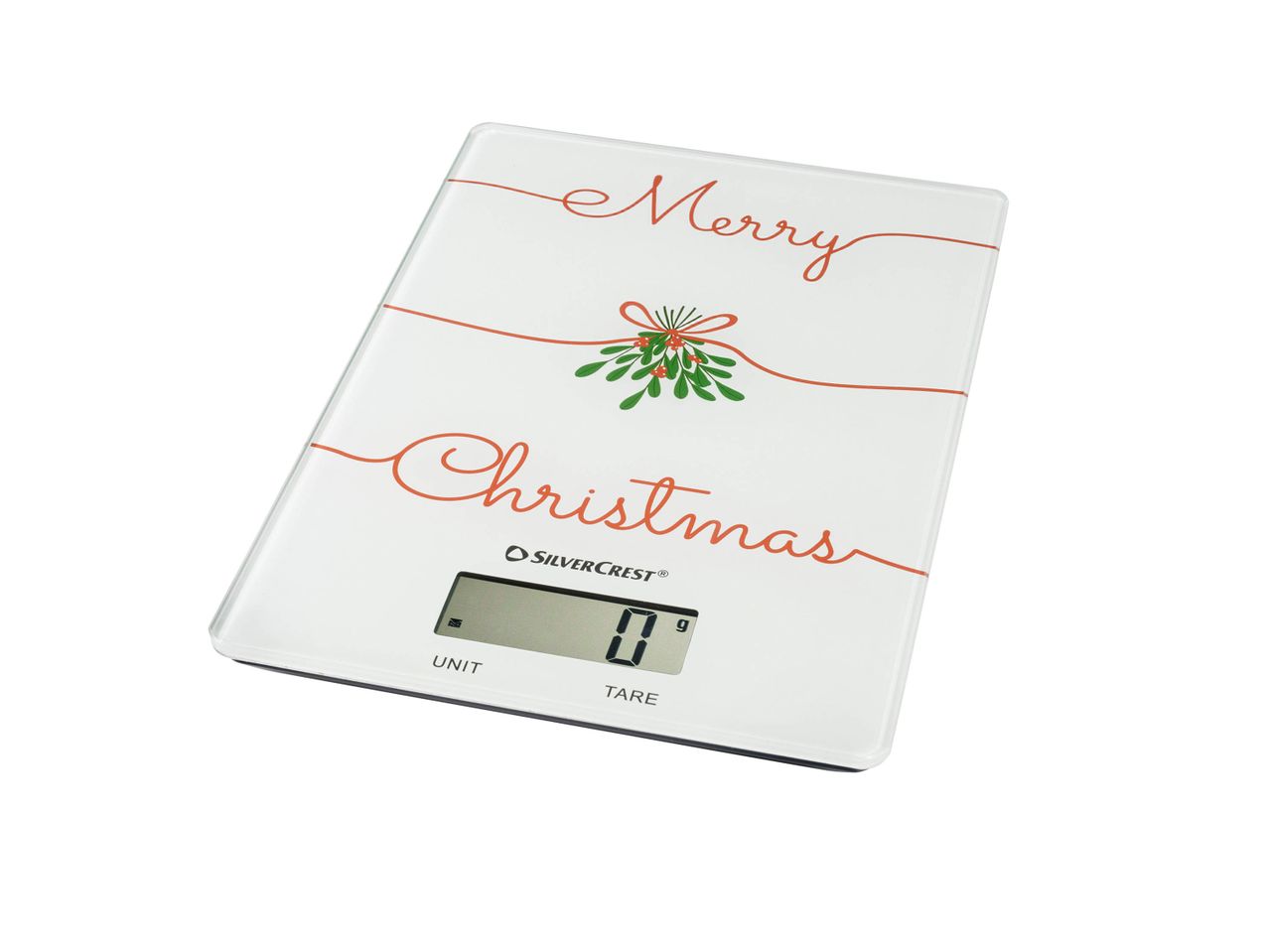 Balance de cuisine numérique SilverCrest blanche avec inscription 'Merry Christmas' et motif de gui.