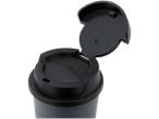 A gray travel mug with a black lid, the lid is open.