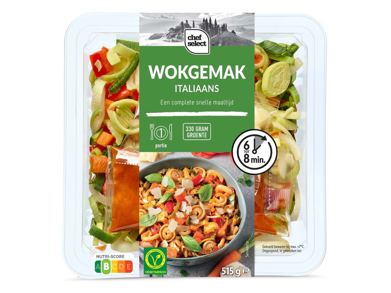Chef Select: Italiaanse wok met pasta, groenten en saus, klaar in 8 minuten.