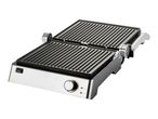 Stainless steel electric contact grill with open grates and control knob.
