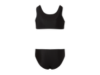 Costum de baie negru cu partea de sus fără bretele și slip.