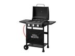 Black gas grill with three burners, side tables, and a fabric cover with text.