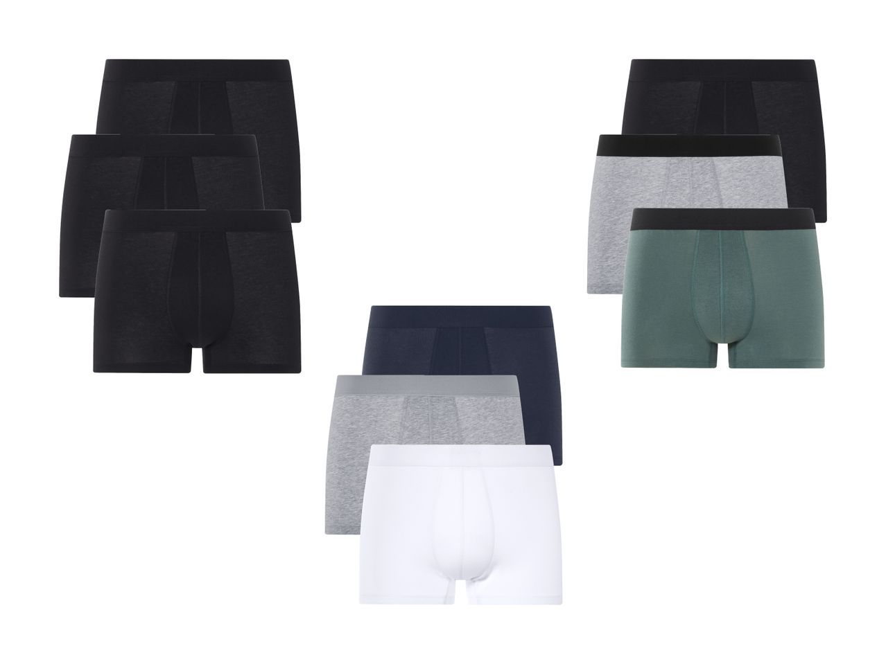 Tre pakker med herreboksershorts i forskellige farver.