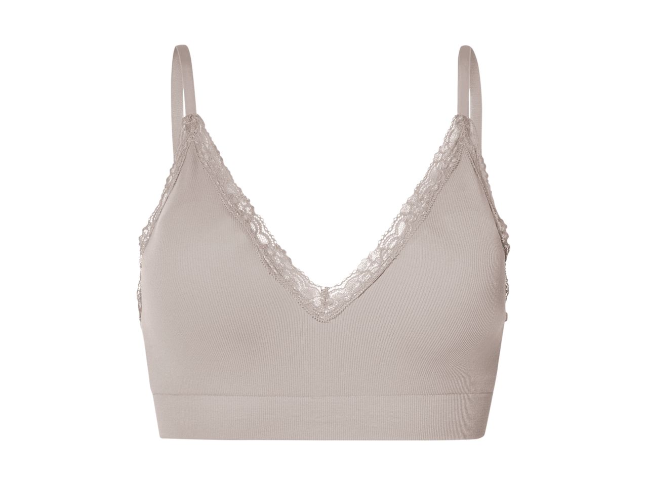 En beige, spidset bh med blonder.
