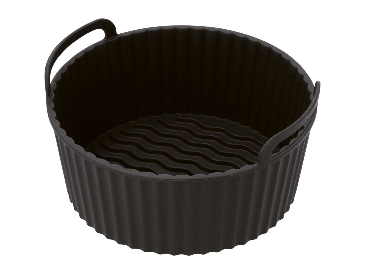 Black silicone air fryer basket with handles and a wavy textured bottom.