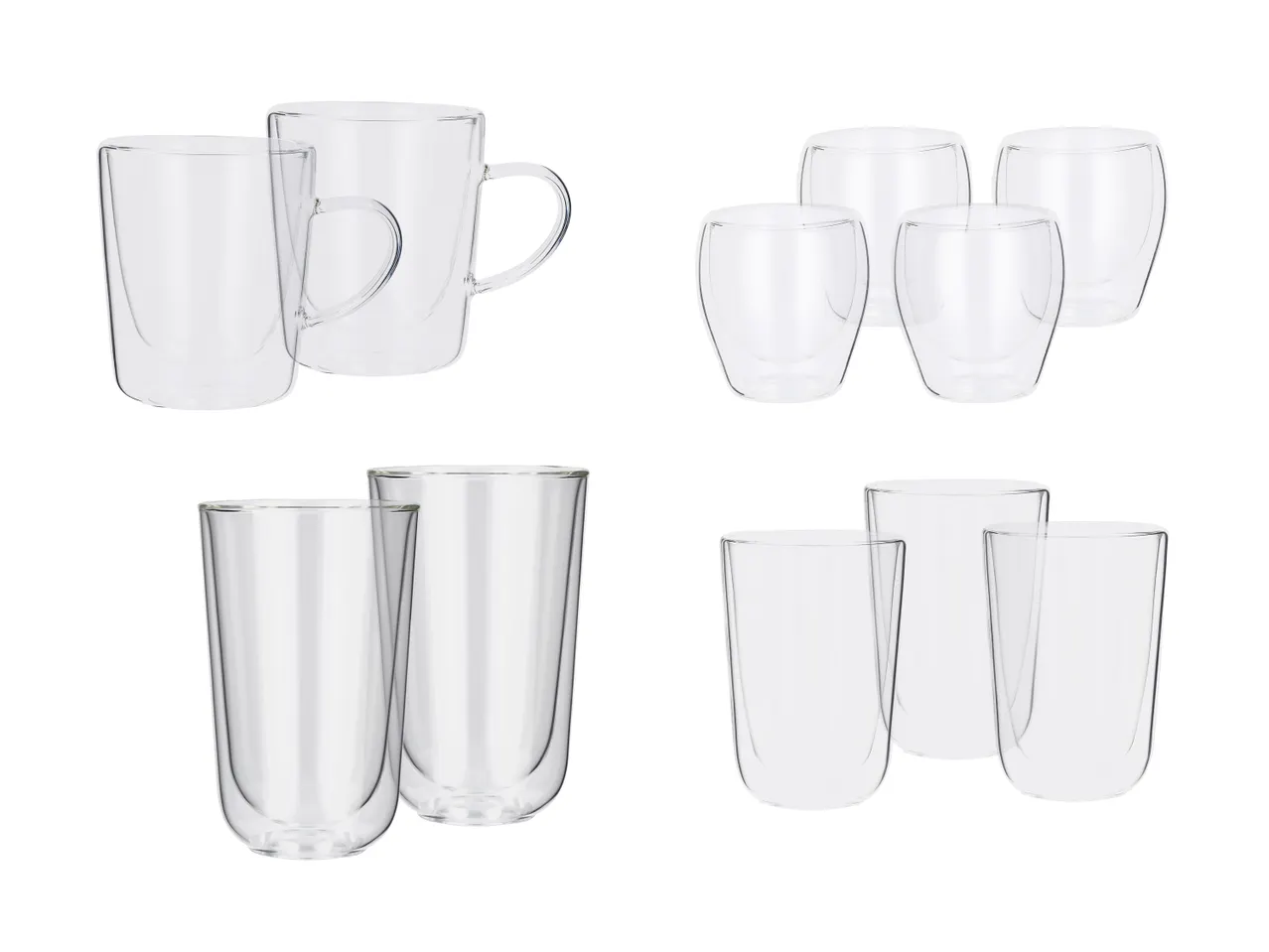 Sæt med dobbeltvæggede glas, herunder krus, kopper og høje glas.