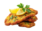 Panierte Schnitzel mit Zitronenscheiben und Petersilie