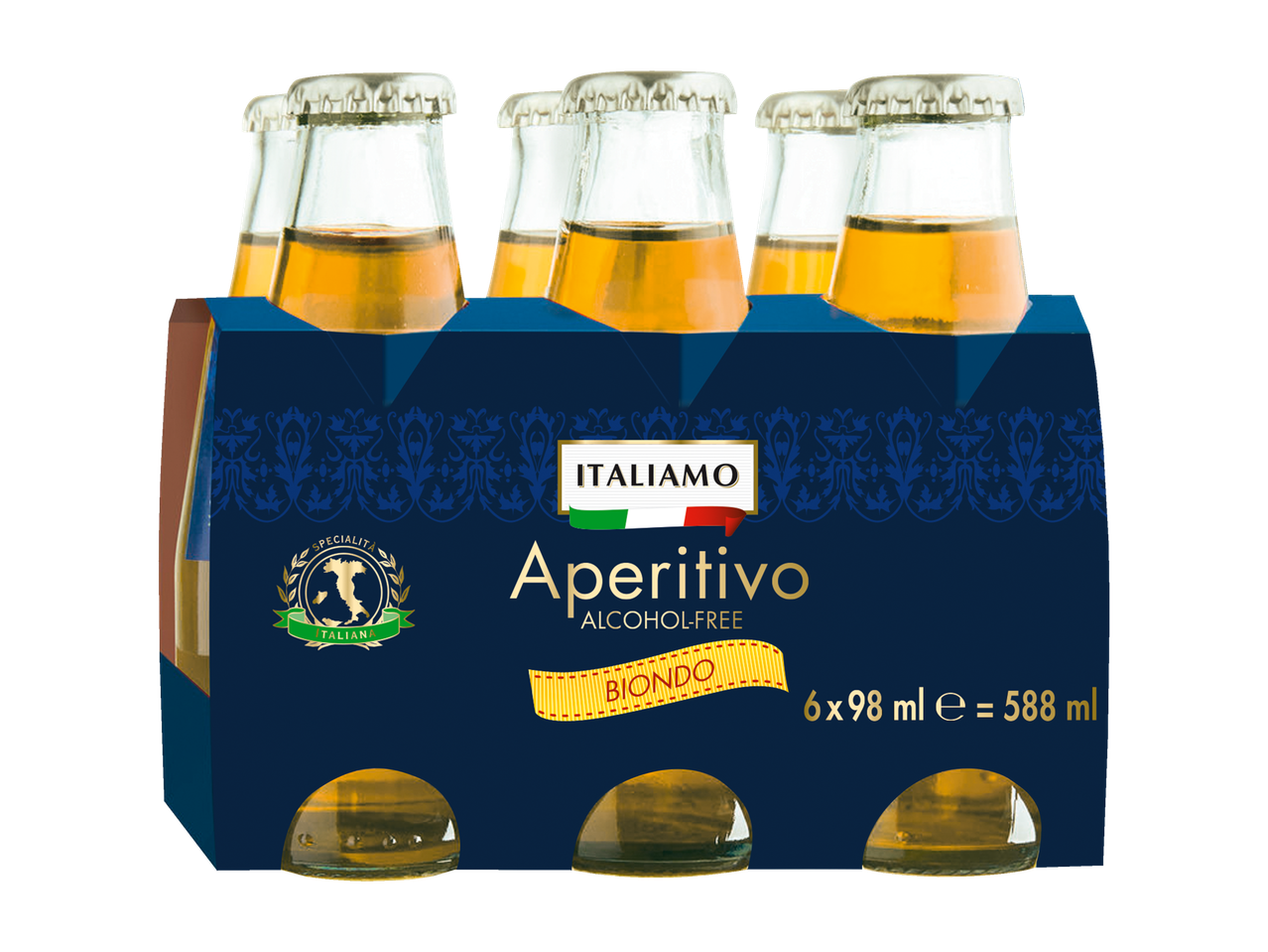 Italiaamo alcoholvrije Aperitivo Biondo in glazen flesjes.