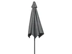 Closed gray patio umbrella with a dark pole on a white background.