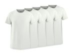 Fem hvide T-shirts til mænd med rund hals og korte ærmer.