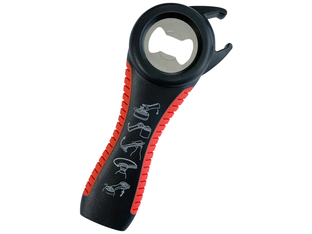RIDDER multi-opener voor flessen en potten, met gebruiksinstructies.