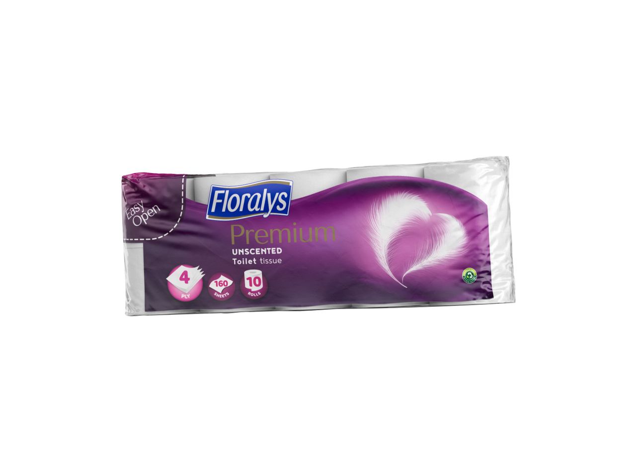 Pakovanje od 10 rolni Floralys Premium toalet papira bez mirisa.