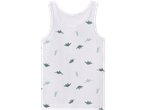 White children's tank top with green dinosaur pattern