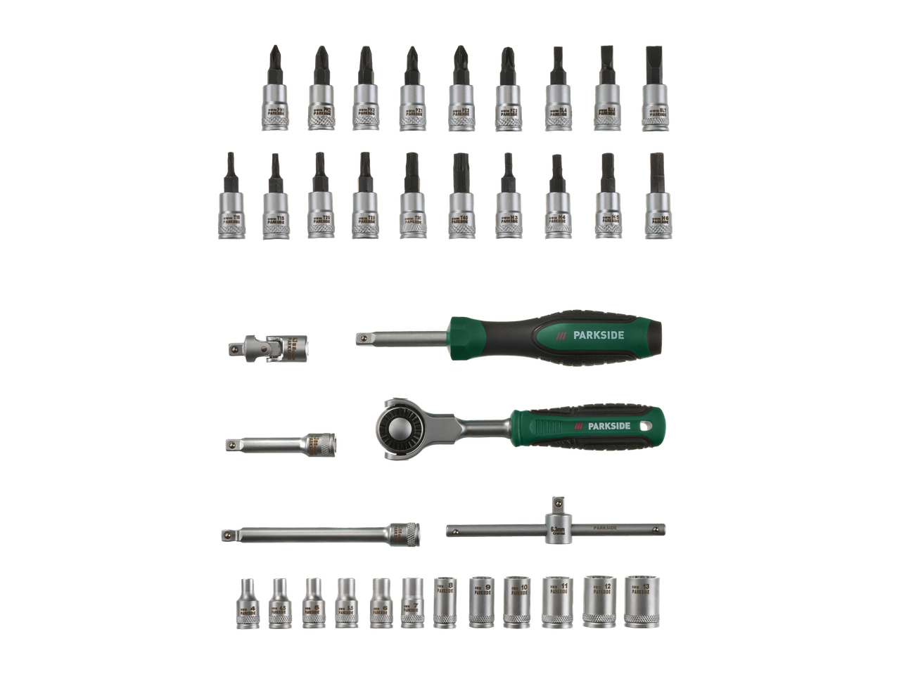 Socket wrench set with ratchet and screwdriver