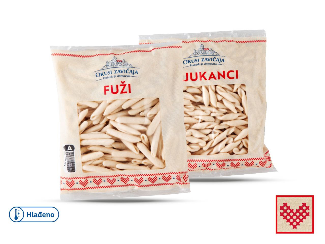 Dvije vrećice sušenog povrća, Tuh i Jukanci, od brenda s tradicionalnim dizajnom.