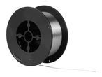 A spool of silver welding wire on a black plastic reel.