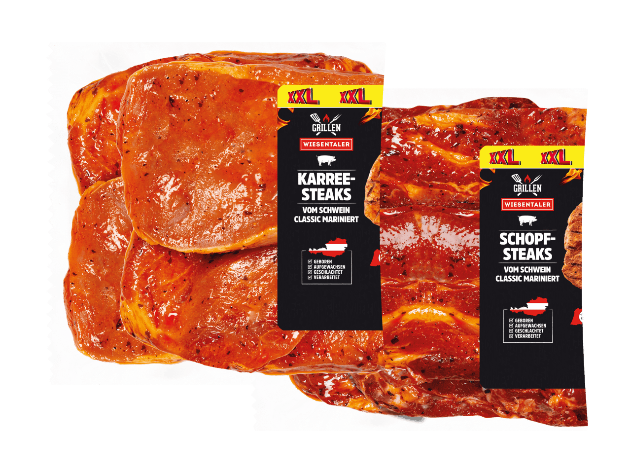 Wiesentäler XXL Grillsteaks: marinierte Karree- und Schopfsteaks vom Schwein.
