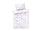 Lila Bettwäsche mit Blumenmuster: Bettbezug und Kissenbezug.