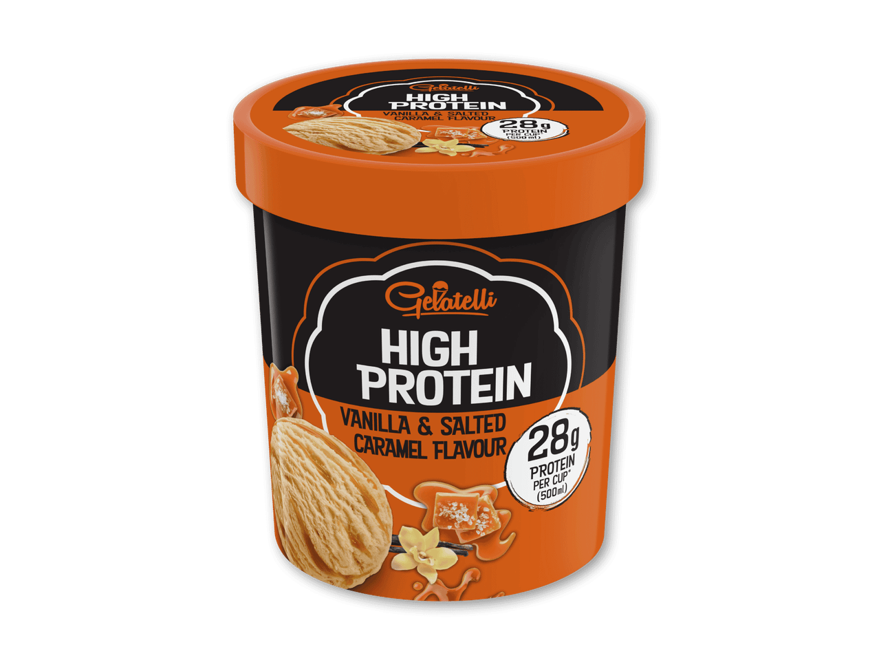 Højprotein is med vanilje- og saltkaramelsmag, 28g protein pr. kop (500ml).
