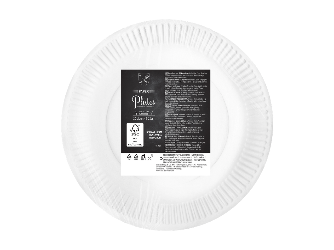 Valkoisia paperilautasia, 20 kappaletta, halkaisija 23 cm, sopivat kuumille ja kylmille ruoille.