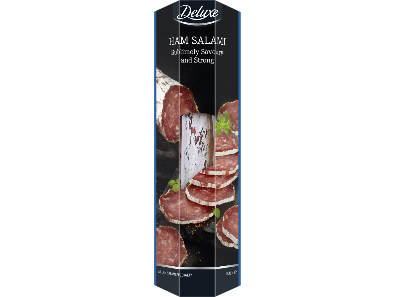Förpackning med skivad salami, text: 'HAM SALAMI Sublimely Savoury and Strong'