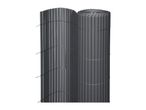 Grey privacy screen fence, partially unrolled, showing vertical slats and connecting wires.