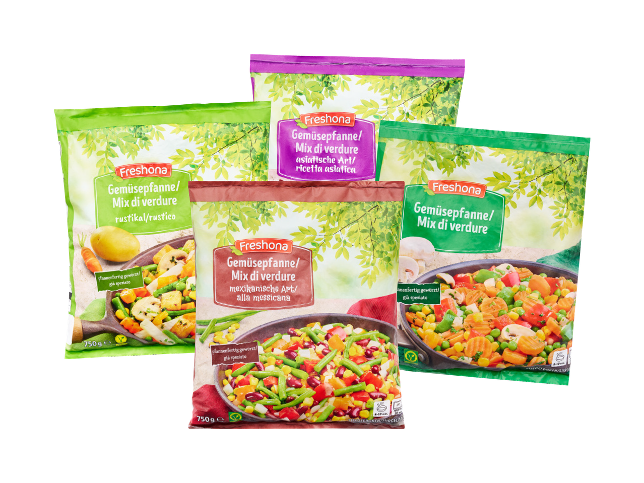Three varieties of Birds Eye frozen vegetable stir-fry mixes.