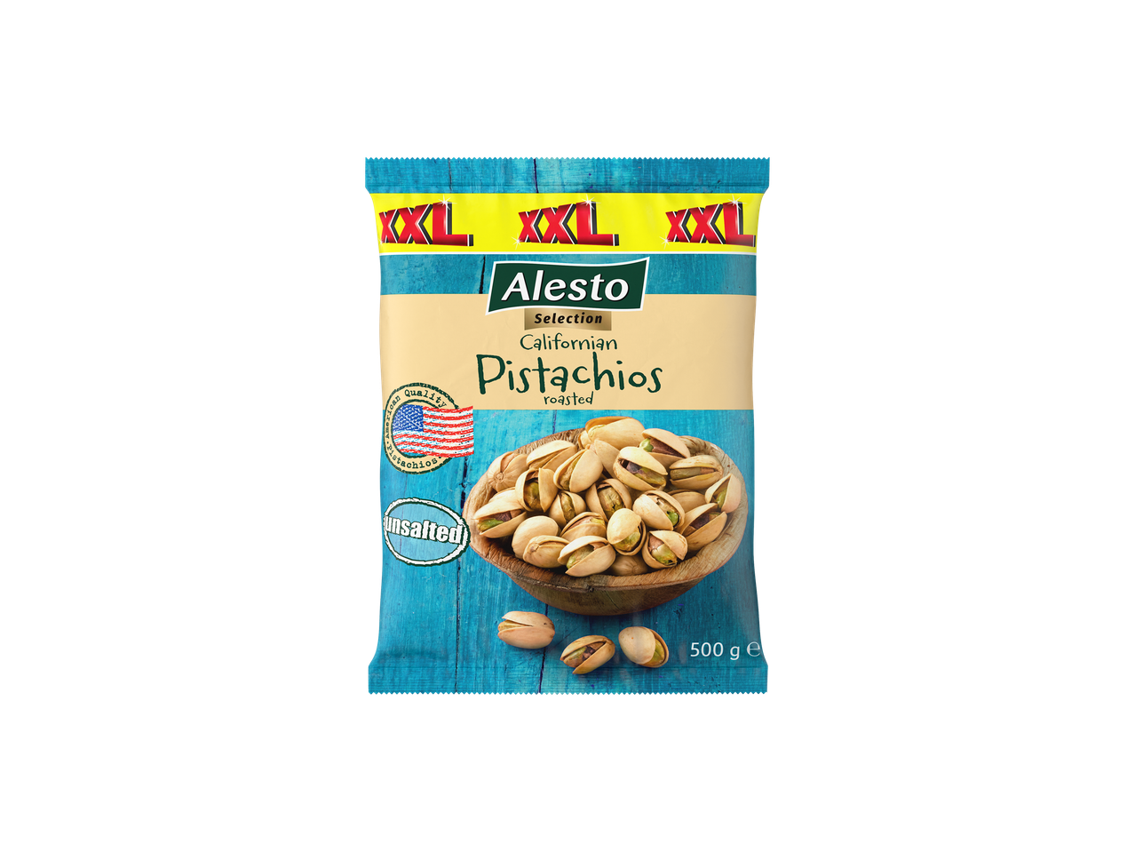 Um pacote de 500g de pistaches da Califórnia Alesto Selection, torrados e sem sal.