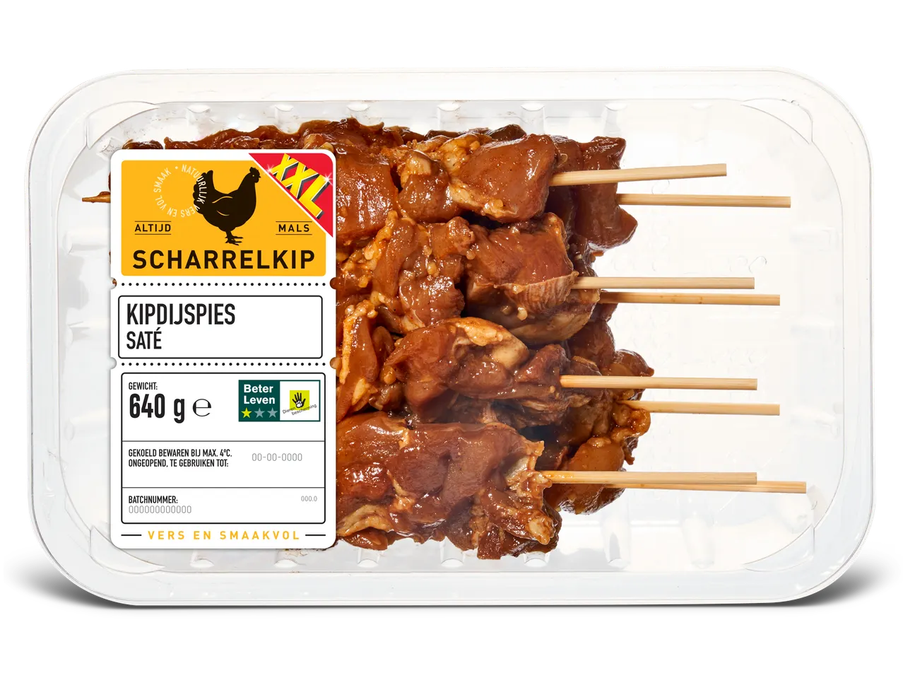 Beter Leven 3-sterren scharrelkip saté spiesjes (640g).