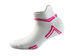 White athletic socks with pink accents.