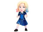 A collectible figurine of Enid Sinclair from Wednesday, wearing a blue uniform.