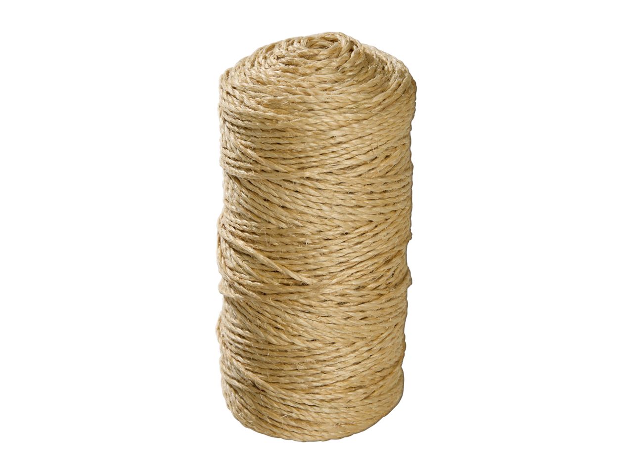 A tall spool of natural jute twine, tightly wound and standing upright.