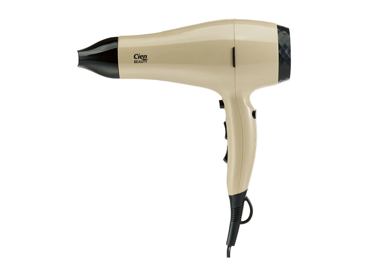 A beige and black Cien Beauty hairdryer with a textured back panel.