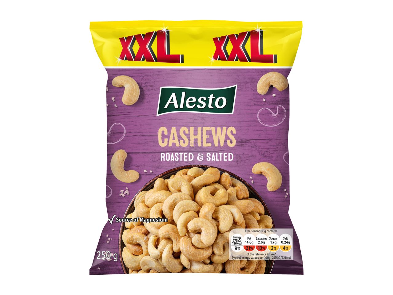 A bag of Alesto XXL roasted and salted cashews.