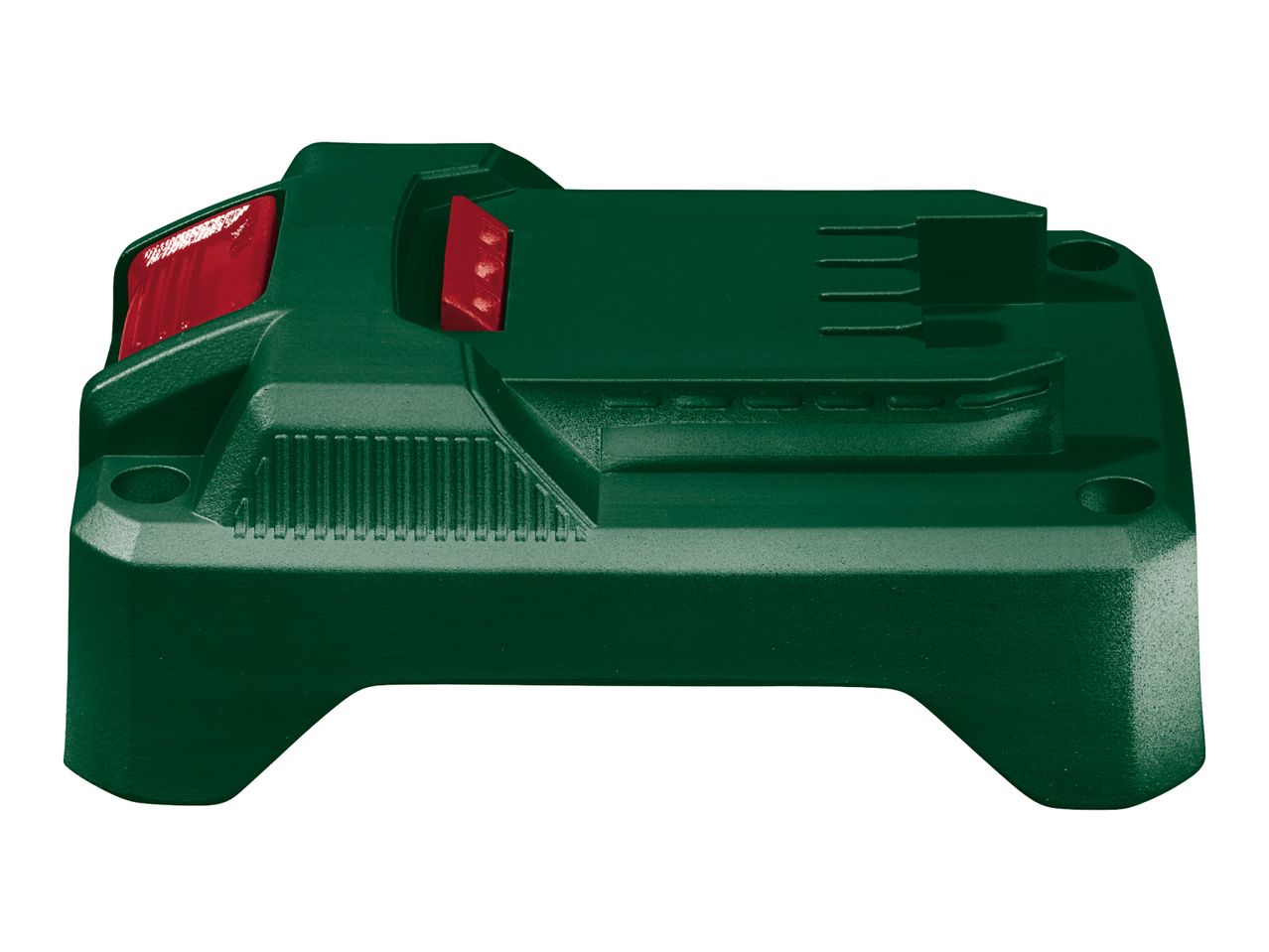 Dark green power tool battery with red accents on a white background