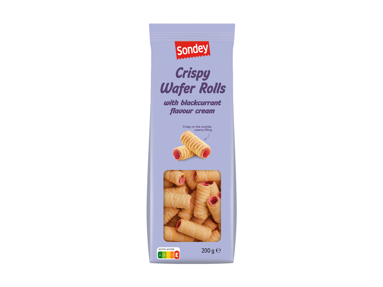 Sondey Hrustljave sadne rolice: verpakking knapperige wafelrolletjes met zwartebessenroom.