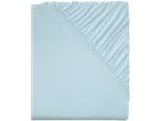 A light blue fitted sheet is shown, folded to display the elastic edge.