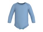 Light blue long-sleeved baby bodysuit with snap closures at the crotch.