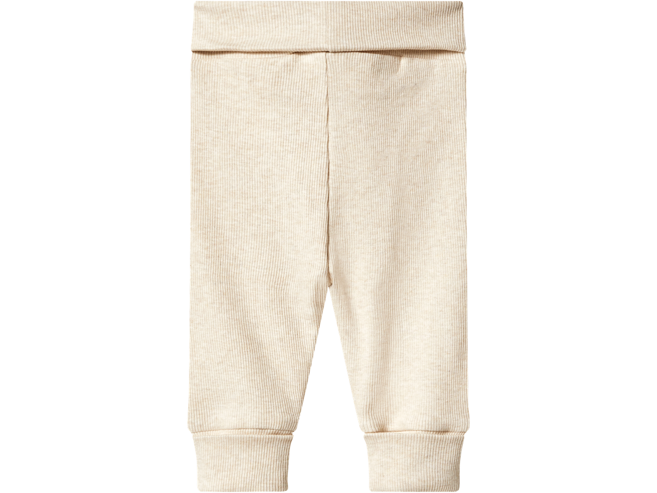 Close-up of beige ribbed baby leggings with a wide elastic waistband and cuffed ankles.